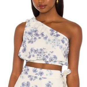 Peony Revolve Women's Blue & White Floral One Shoulder Cropped Top Size S NWT